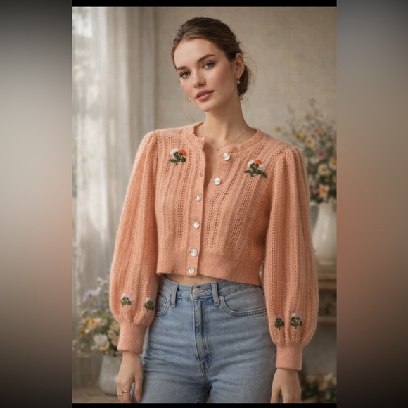 Wilfred Sweaters - Aritzia Le Fou Wilfred Cropped Embroidered Cardigan Peach Knit Puff Sleeve